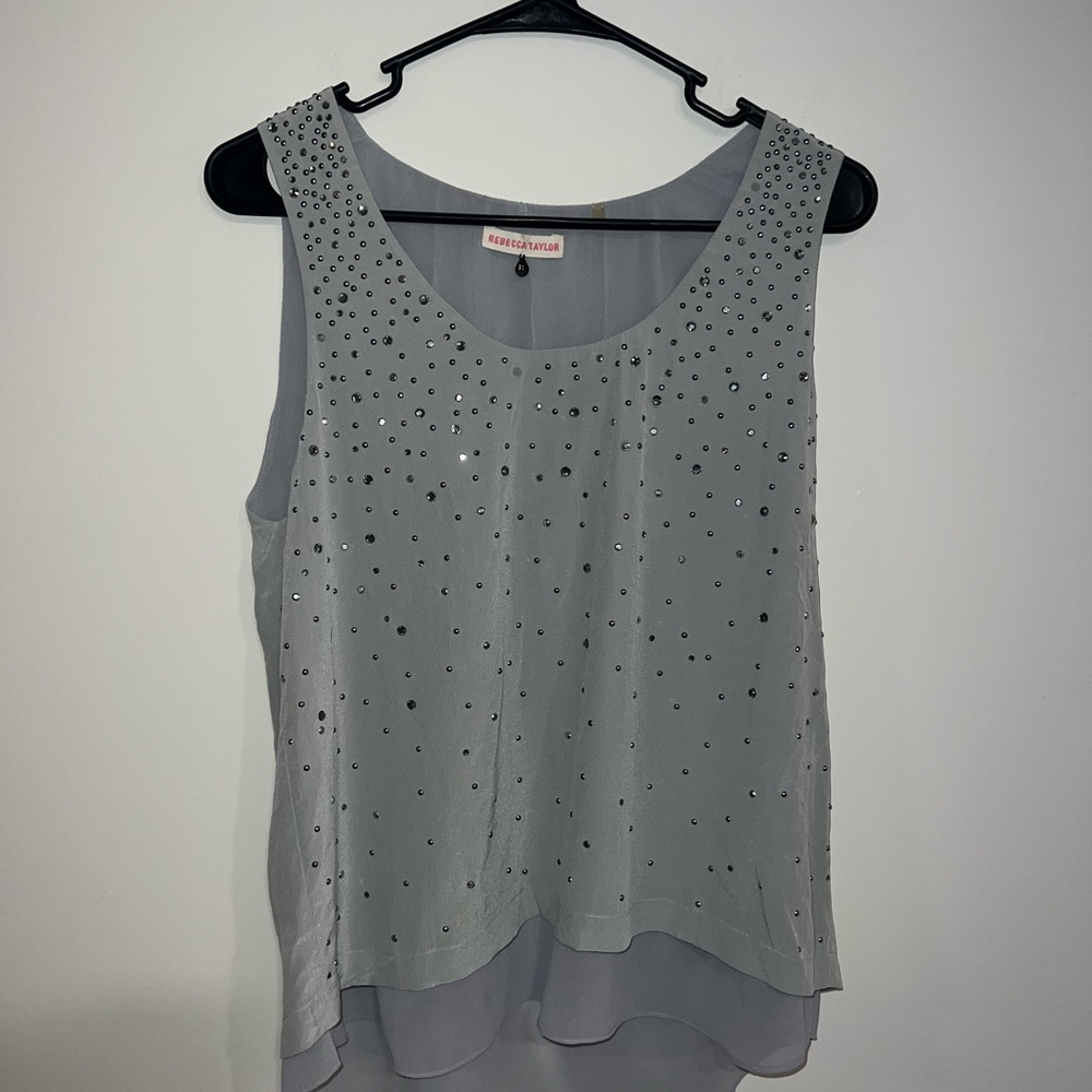 Rebecca Taylor Asymmetrical Embellished Gray Tank Top